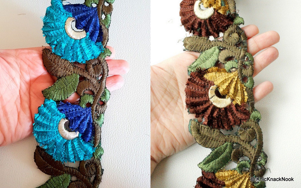 Blue And Green Floral Embroidery Trim, Flower Cut Work One Yard Lace Trim, Approx. 65mm Wide