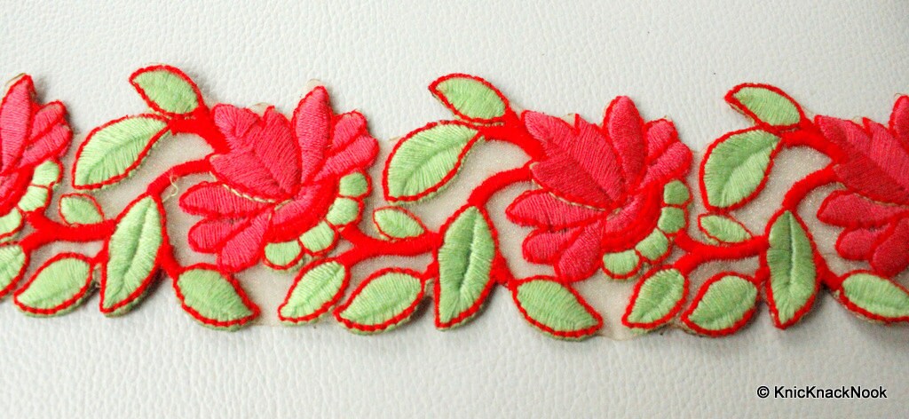 Gold Sheer Trim With Red And Green Floral Embroidery, Approx. 55mm Wide