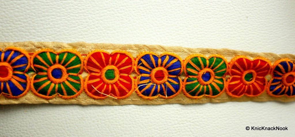 Beige Fabric Trim With Red, Blue, Green And Yellow Floral Embroidery