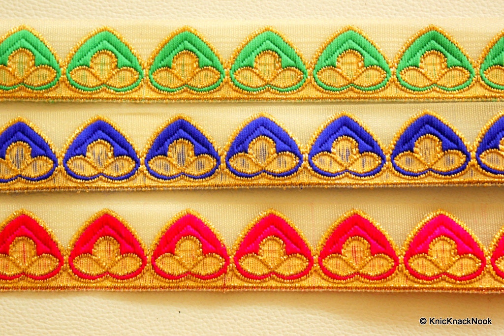 Gold Sheer Trim With Blue And Gold Embroidery, Approx. 32mm Wide