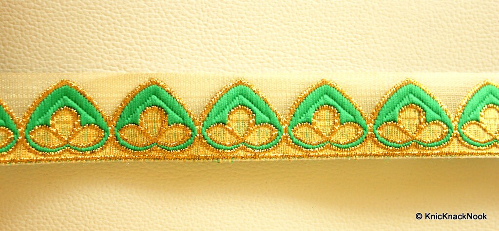 Gold Sheer Trim With Green And Gold Embroidery, Approx. 32mm Wide