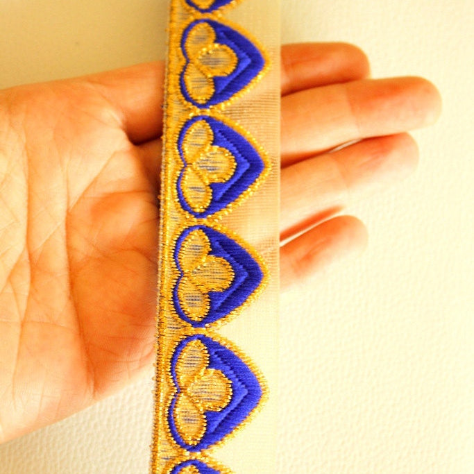 Gold Sheer Trim With Blue And Gold Embroidery, Approx. 32mm Wide
