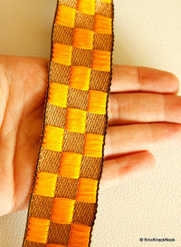 Thumbnail for Yellow And Bronze Embroidered Chequered Trim, Approx. 35mm Wide
