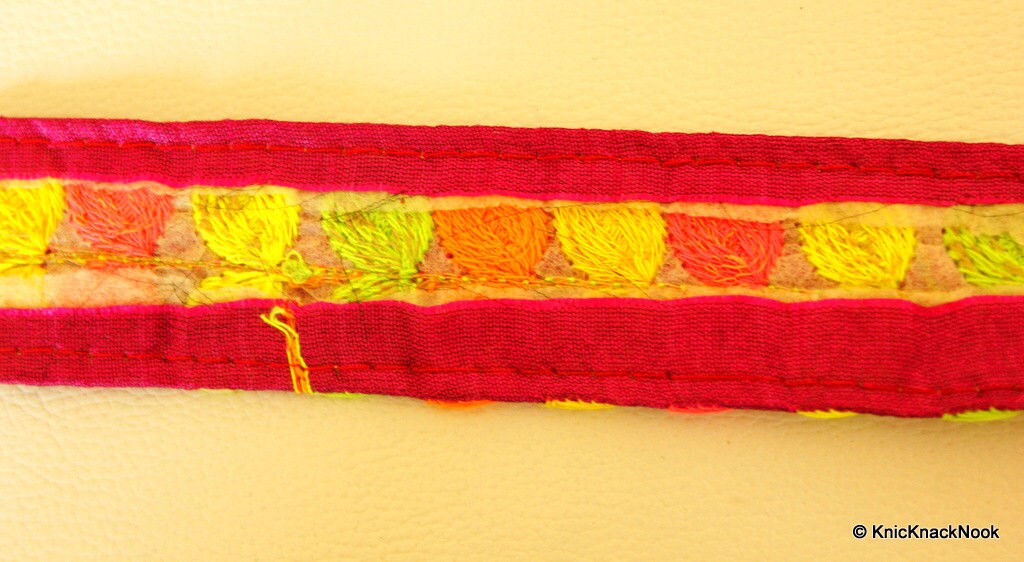 Fuchsia Pink Fabric Trim With Pink, Yellow, Orange And Green Embroidery