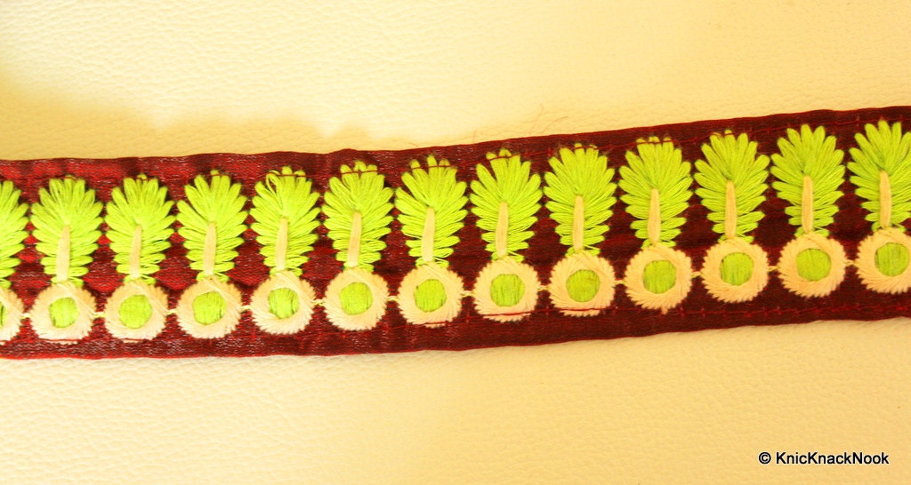 Maroon Fabric Trim With Green And White Embroidery, Approx. 43mm wide