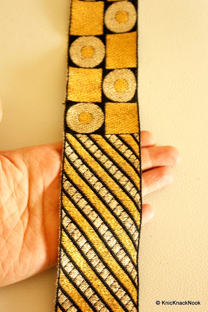 Black Fabric Trim With Gold And Silver Embroidery, Approx. 55mm Wide