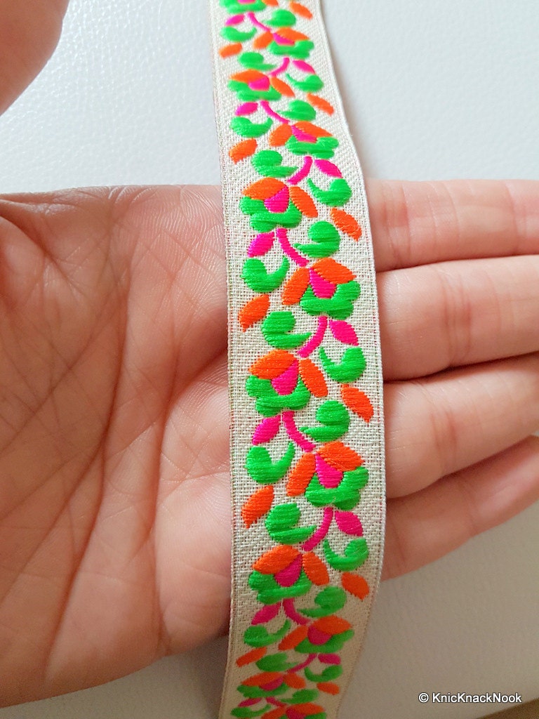 Wholesale Jacquard Off White Fabric Trim With Fuchsia, Orange And Green Floral Embroidery, Approx. 26mm Wide