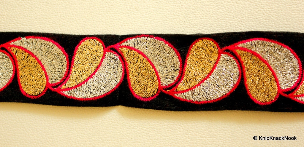 Black Velvet Trim With Gold, Silver And Fuchsia Pink Embroidery, 52mm Wide