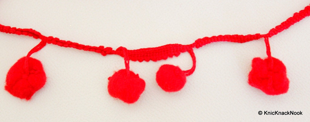 Red Wool Pom Pom One Yard Lace Trims 50mm Wide, Decorative Trim, Pompom Lace