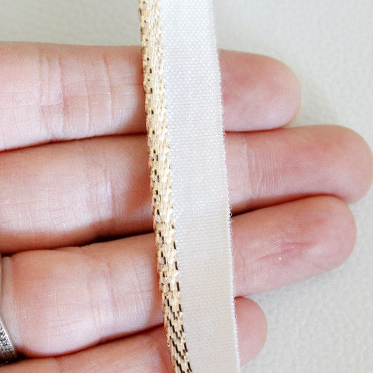 White Lace Trim With Shining Gold Piping, Approx. 14 mm wide