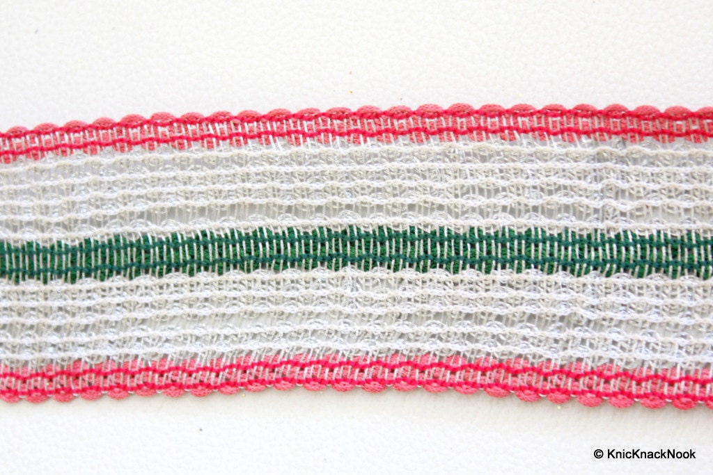 Silver, Pink And Green Thread Lace Trim, Approx. 52mm wide