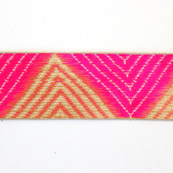Fuchsia Pink And Gold Temple Border Embroidery Lace Trim, Approx. 42mm Wide