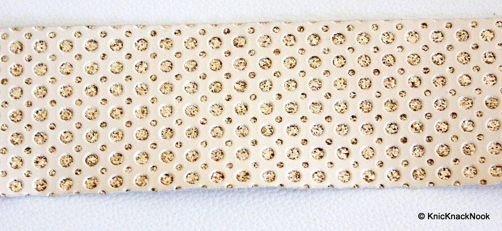 Beige Faux Leather Trim Lace With Gold Polka Dots, Approx 53 mm Wide