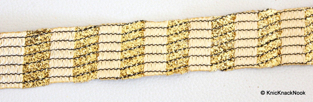 3 Yard Faux Leather Trim Lace With Light Brown Embroidery And Gold Glitter, Approx 28 mm Wide Decorative Craft Trim, Belt Trim Stripes Trim