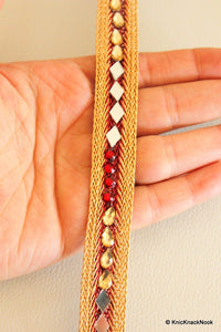 Thumbnail for Maroon And Gold Woven Thread Lace Trim With Mirror And Rhinestone Embellishments, Approx. 18mm Wide, Indian Decorative Trimming