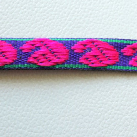 Blue Fabric Trim With Fuchsia Pink And Green Embroidery Thread Lace Trim, 15mm wide
