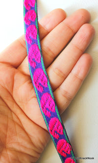 Thumbnail for Blue Fabric Trim With Fuchsia Pink And Green Embroidery Thread Lace Trim, 15mm wide
