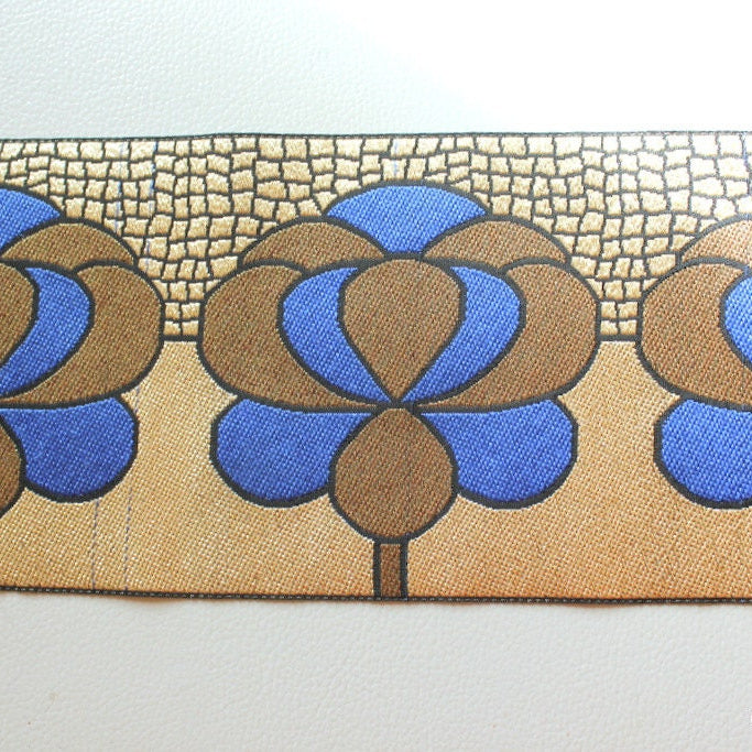 Fabric Trim With Blue, Bronze, Silver And Black Floral Embroidery