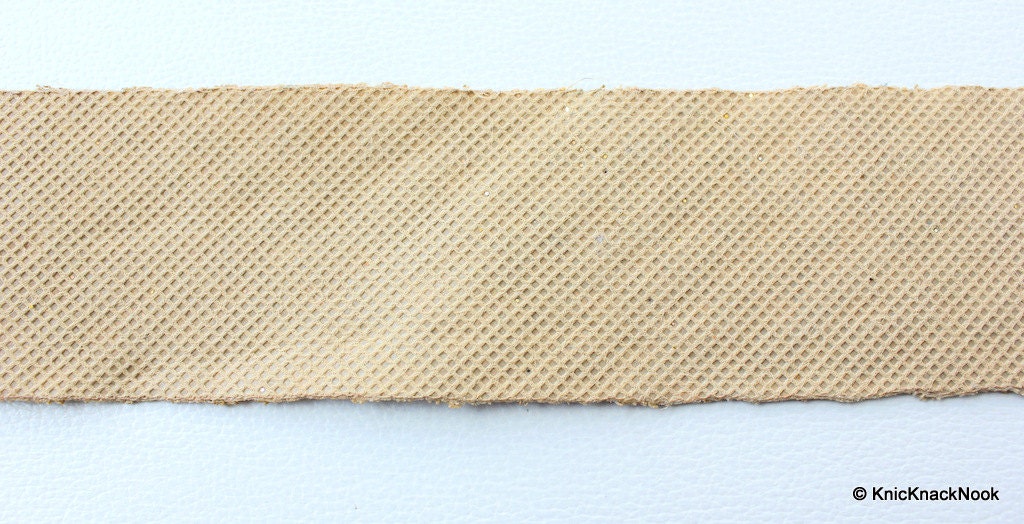 Faux Leather Trim Lace With Tan Embroidery And Gold Polka Dots, Approx 56 mm Wide