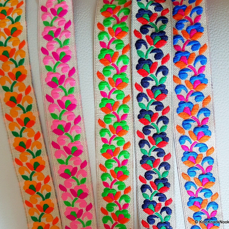 Wholesale Jacquard Off White Fabric Trim With Fuchsia, Orange And Green Floral Embroidery, Approx. 26mm Wide