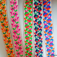 Thumbnail for Off White Fabric Trim With Fuchsia, Orange And Green Floral Embroidery, Approx. 26mm Wide