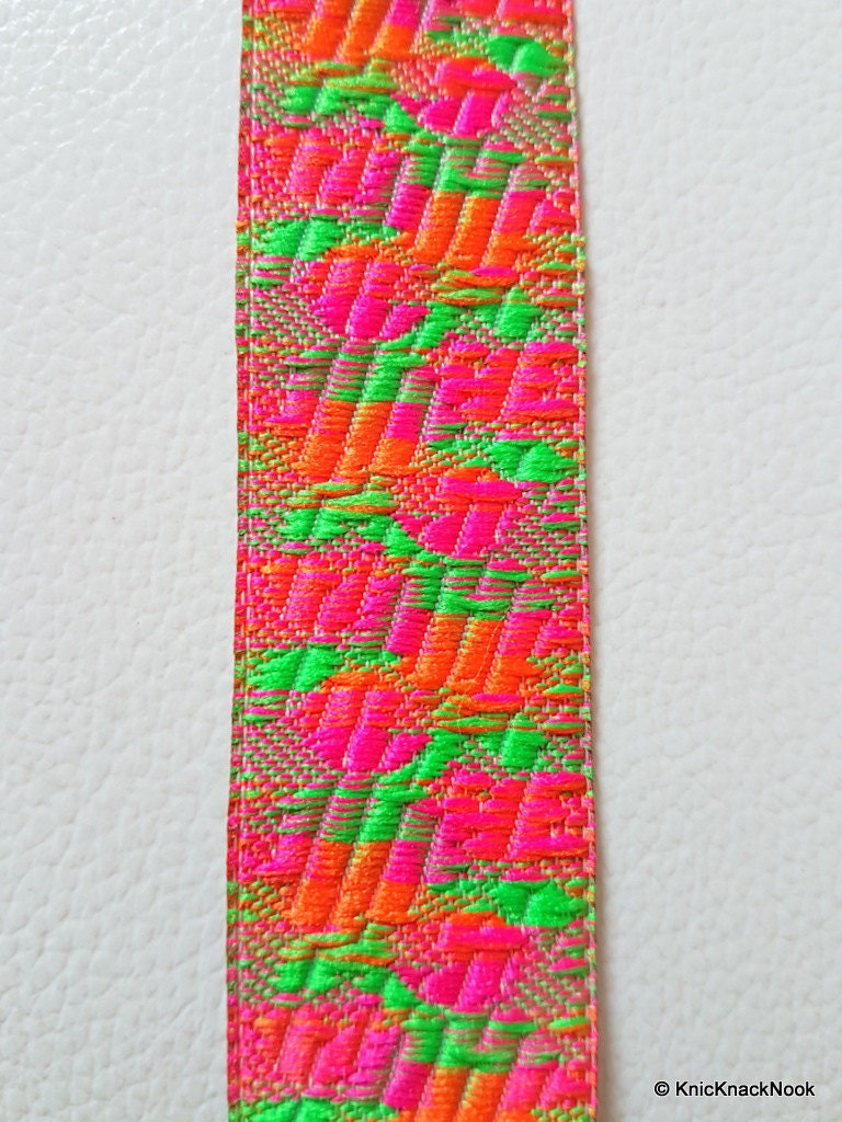 Off White Fabric Trim With Fuchsia, Orange And Green Floral Embroidery, Approx. 26mm Wide