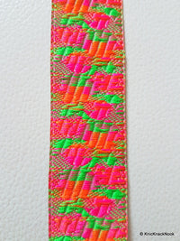 Thumbnail for Wholesale Jacquard Off White Fabric Trim With Fuchsia, Orange And Green Floral Embroidery, Approx. 26mm Wide