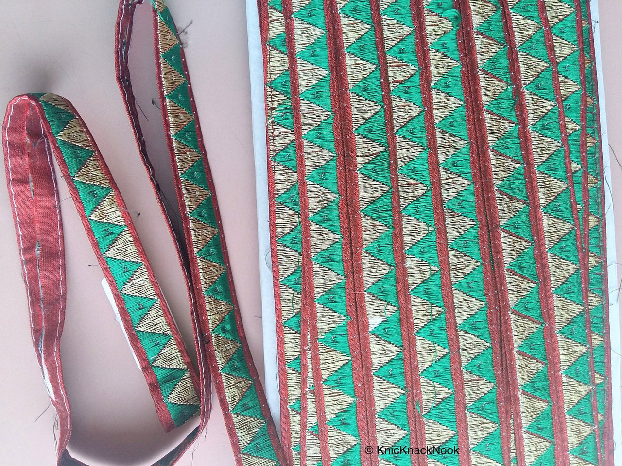 Red, Green And Bronze Thread Triangle Embroidery One Yard Lace Trim 18mm Wide - 200317L303