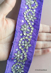 Thumbnail for Purple And Silver Thread Embroidery Kundan Work One Yard Lace Trim 40mm Wide - 200317L523