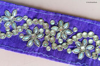 Thumbnail for Purple And Silver Thread Embroidery Kundan Work One Yard Lace Trim 40mm Wide - 200317L523