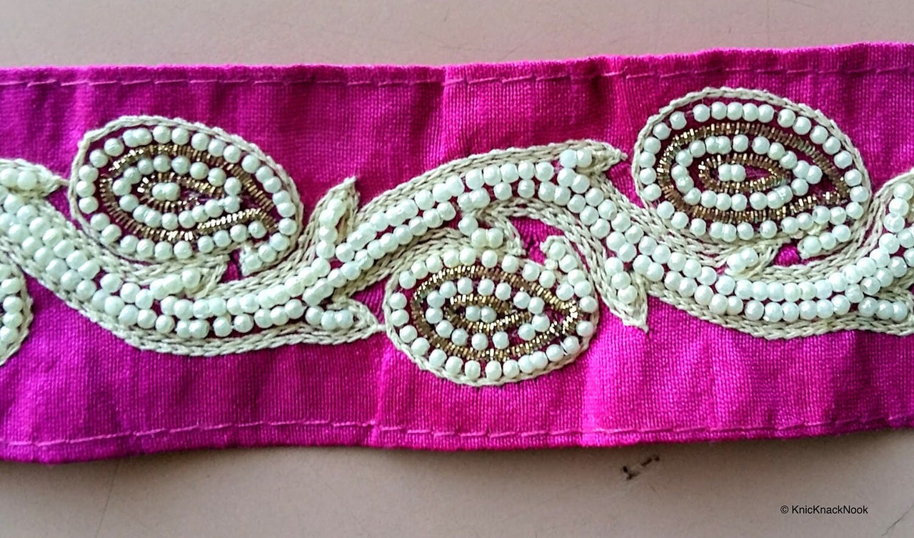 Fuchsia Pink Trim With White Pearl Beads And Beige And Gold Embroidery, Approx. 44.5 mm Wide - 200317L530