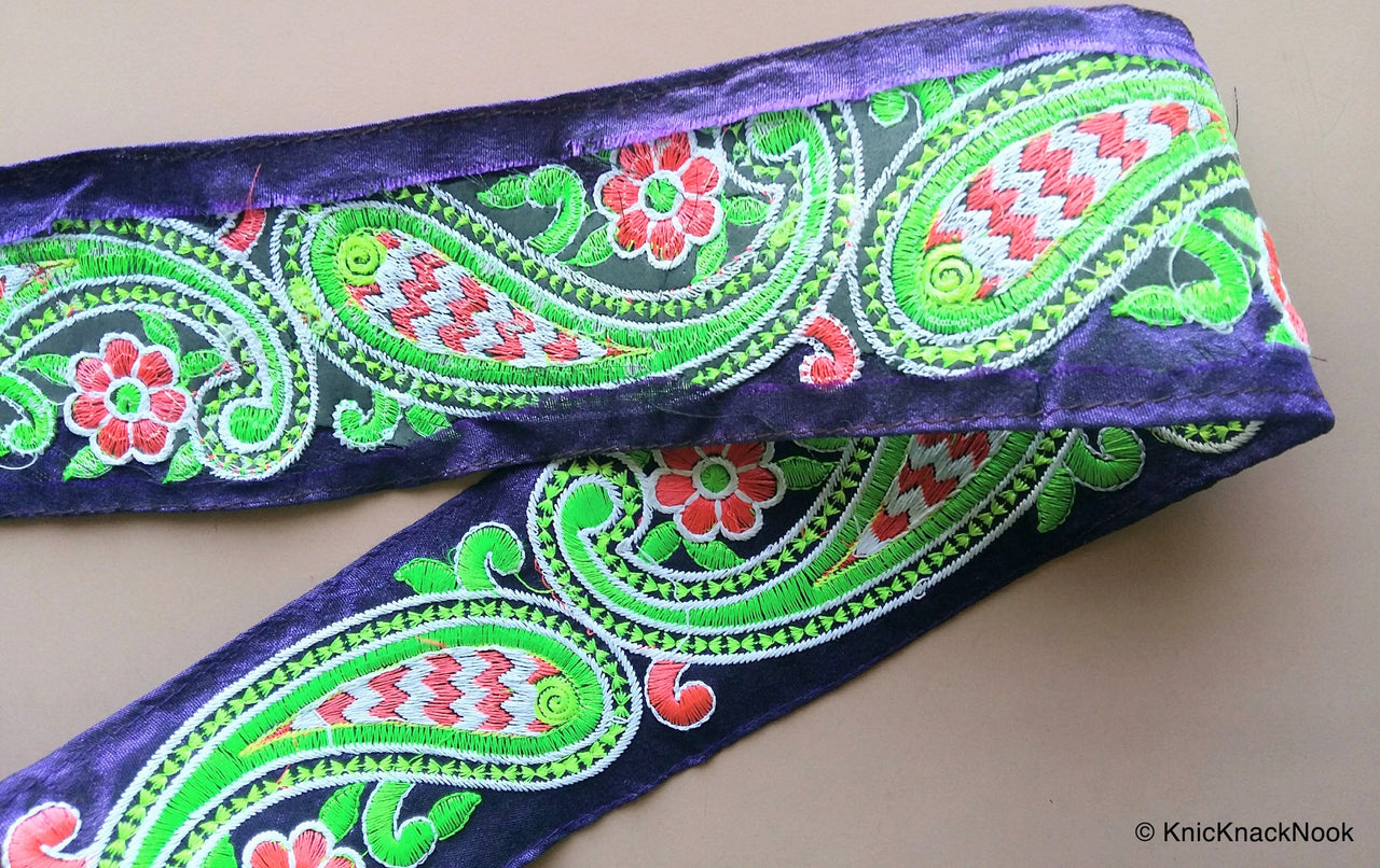 Blue / Pink Fabric Trim With Green, Pink And White Floral Embroidery, 68mm wide - 200317L510/11