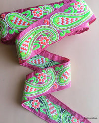 Thumbnail for Blue / Pink Fabric Trim With Green, Pink And White Floral Embroidery, 68mm wide - 200317L510/11Trim