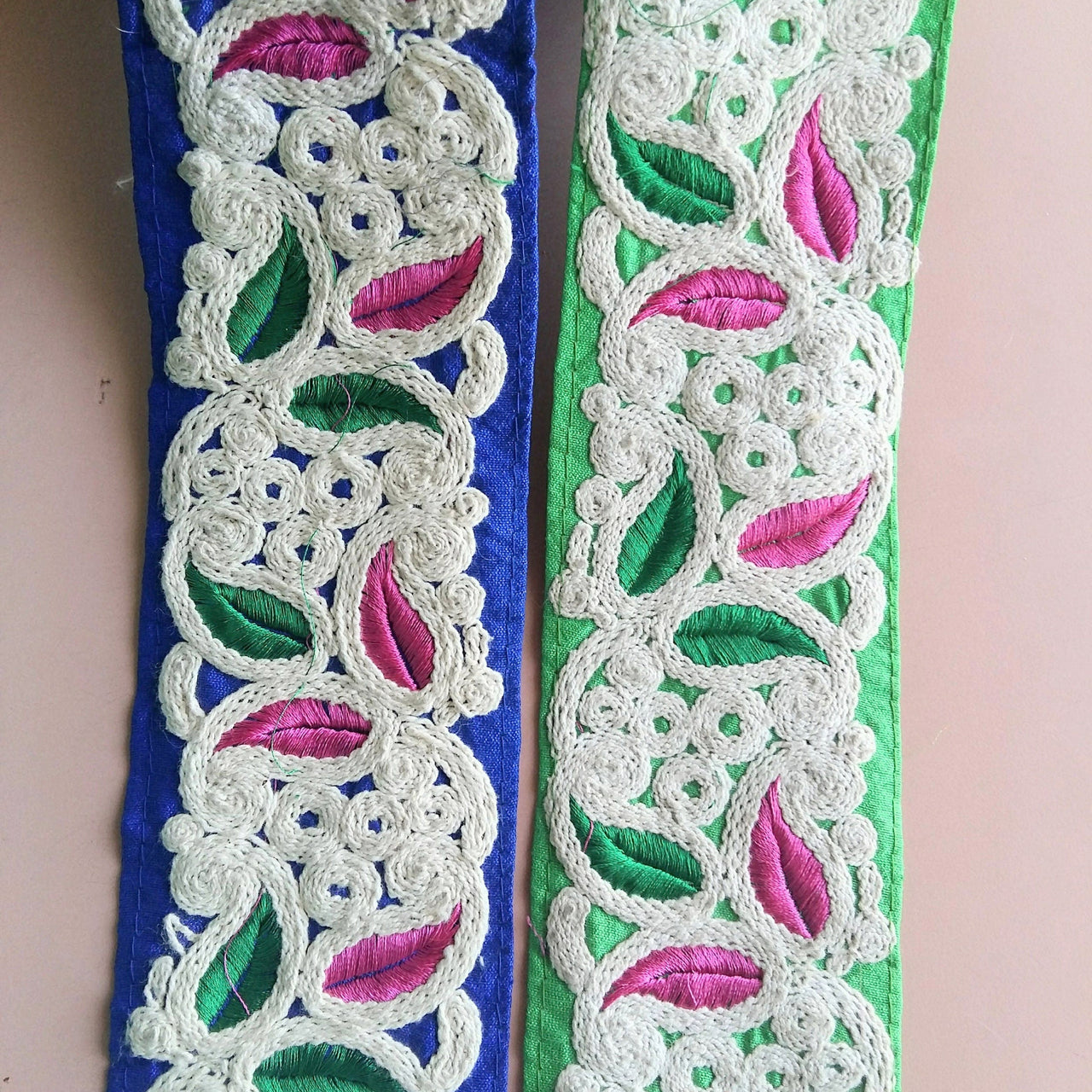 Green / Blue Fabric Trim With Off White, Pink And Green Embroidery, 75mm wide - 200317L520/21