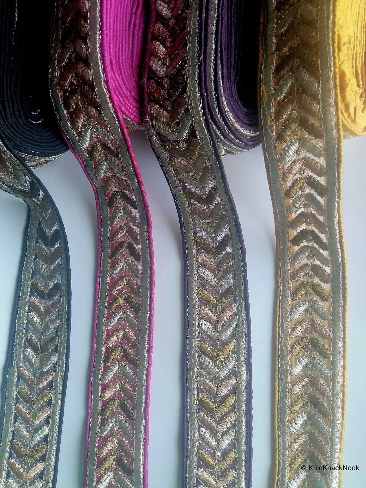 Yellow / Purple / Fuchsia Pink / Black Silk Fabric Trim With Gold Embroidery - 200317L274/75/76/77Trim