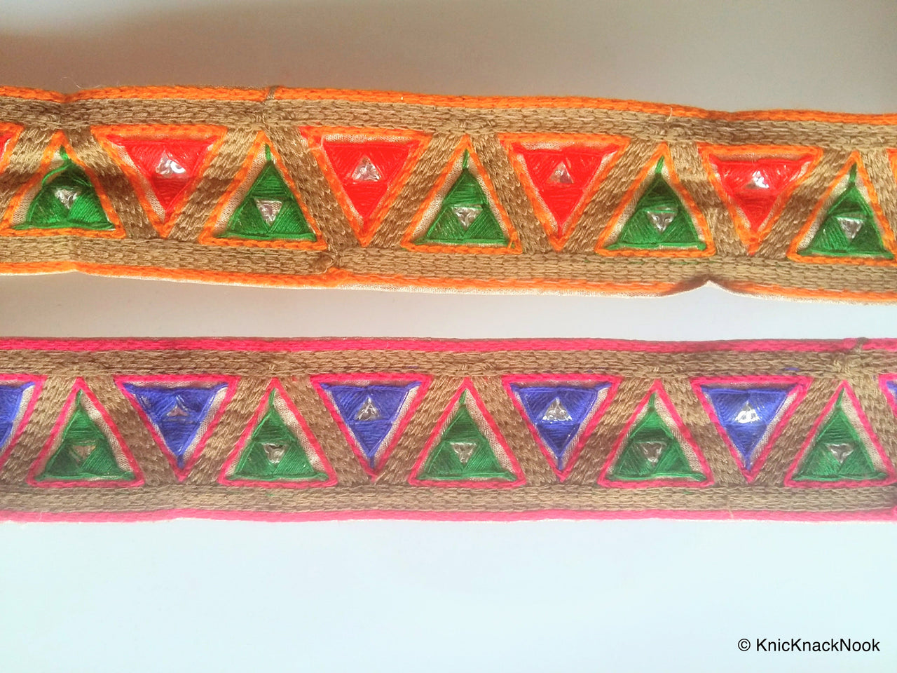Gold Fabric Trim With Brown, Green,  Blue / Red And Fuchsia Pink / Orange Thread Triangle Embroidery - 200317L270/71Trim