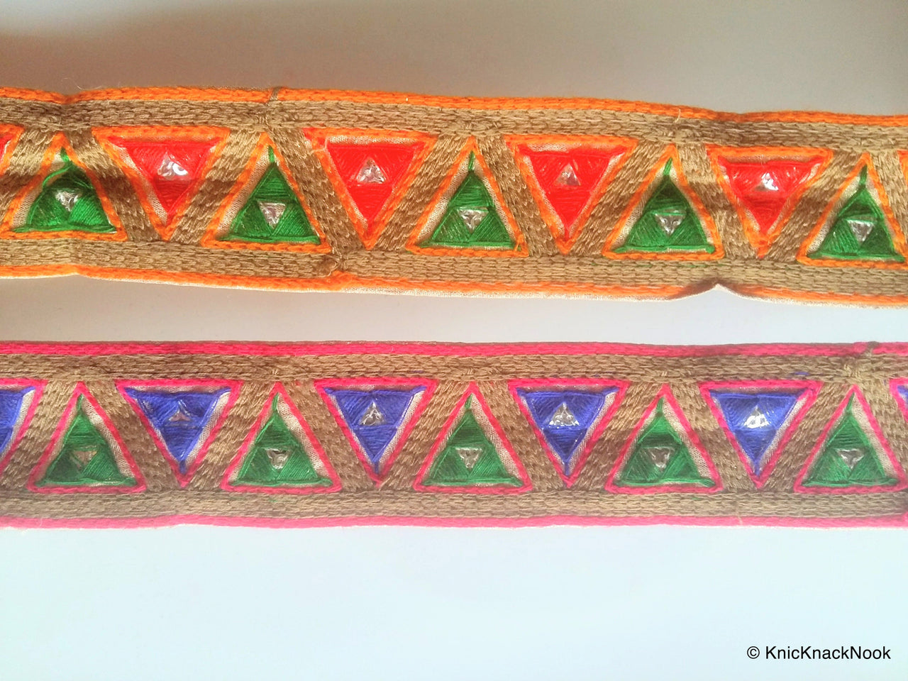 Gold Fabric Trim With Brown, Green,  Blue / Red And Fuchsia Pink / Orange Thread Triangle Embroidery - 200317L270/71