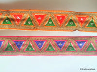 Thumbnail for Gold Fabric Trim With Brown, Green,  Blue / Red And Fuchsia Pink / Orange Thread Triangle Embroidery - 200317L270/71