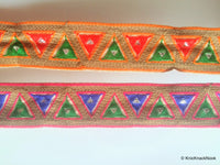 Thumbnail for Gold Fabric Trim With Brown, Green,  Blue / Red And Fuchsia Pink / Orange Thread Triangle Embroidery - 200317L270/71Trim
