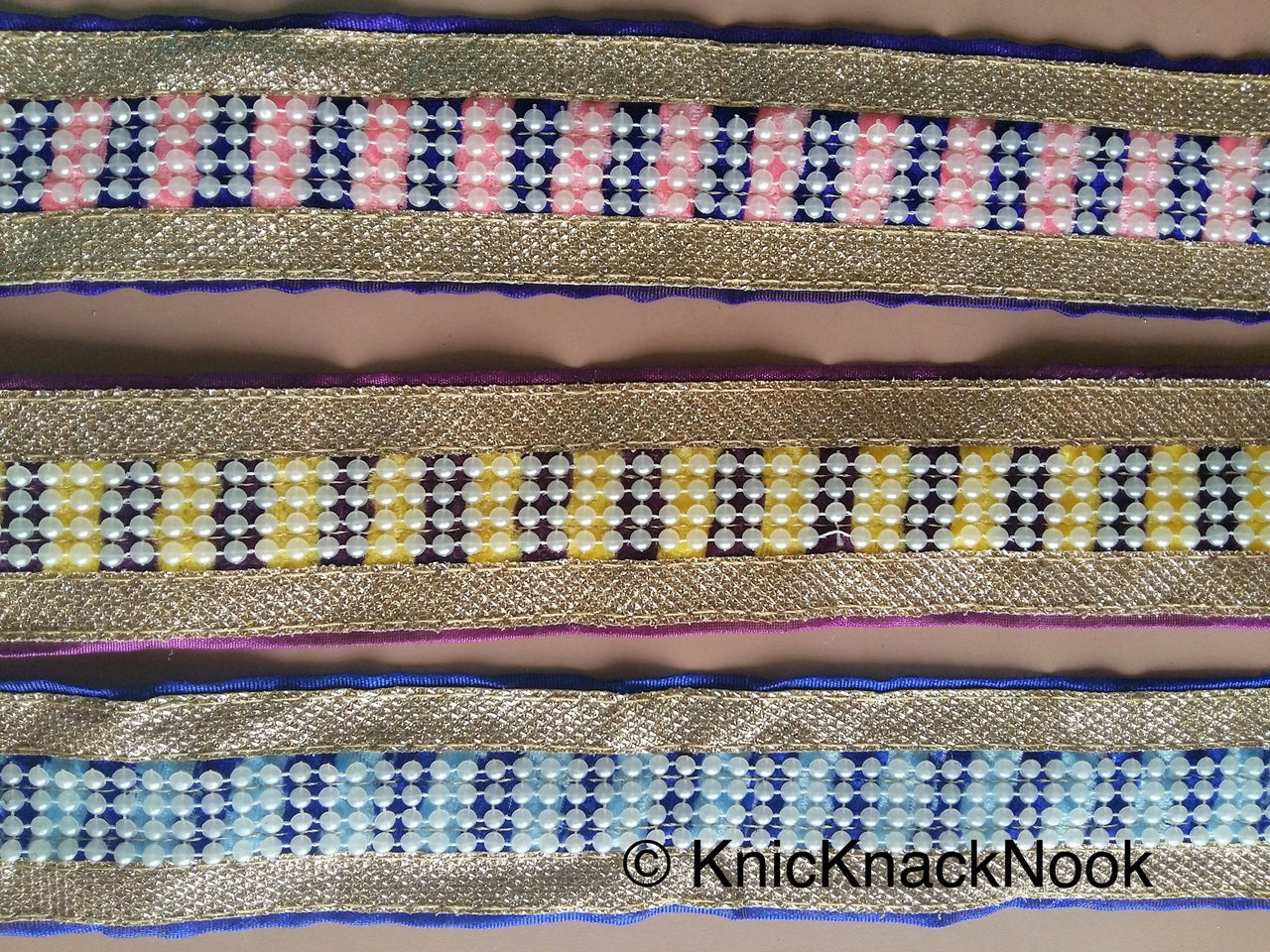 Velvet Fabric Trim, Pink And Silver Trim With FlatBack Beads Lattice, Approx. 50mm wide