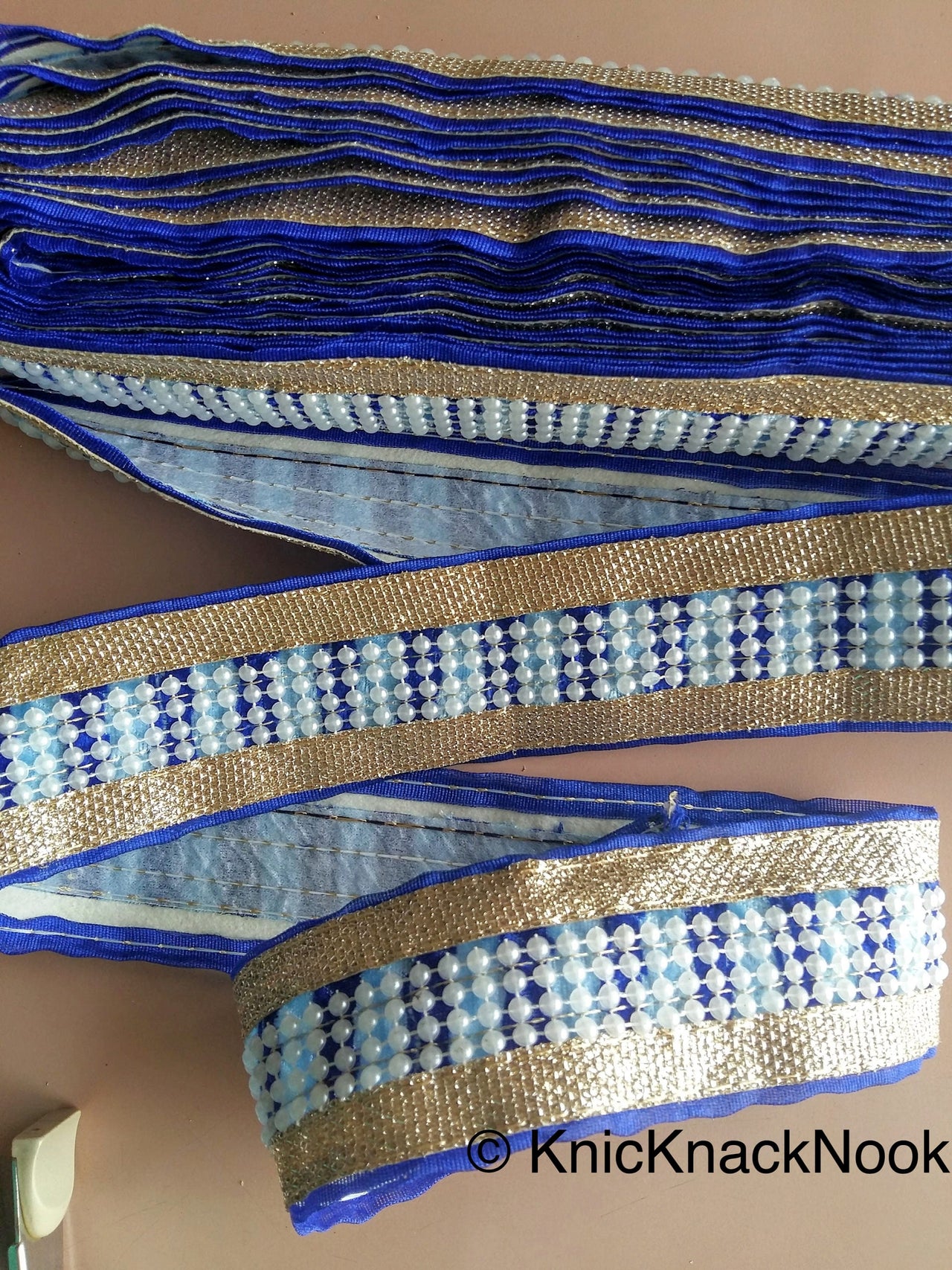 Blue, Silver And White Trim With FlatBack Beads Lattice On Velvet Fabric Trim, Approx. 50mm wide - 200317L212