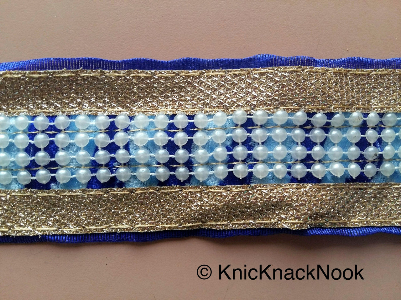 Blue, Silver And White Trim With FlatBack Beads Lattice On Velvet Fabric Trim, Approx. 50mm wide - 200317L212
