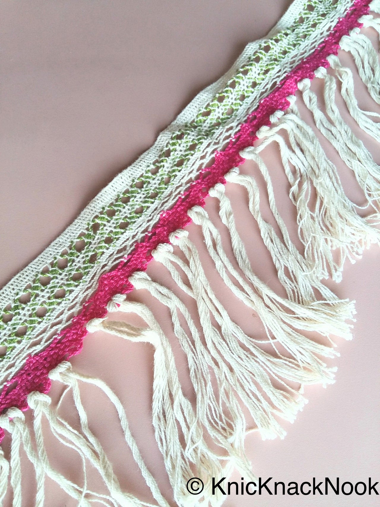 Beige, Fuchsia Pink And Green Crochet Cotton Trim