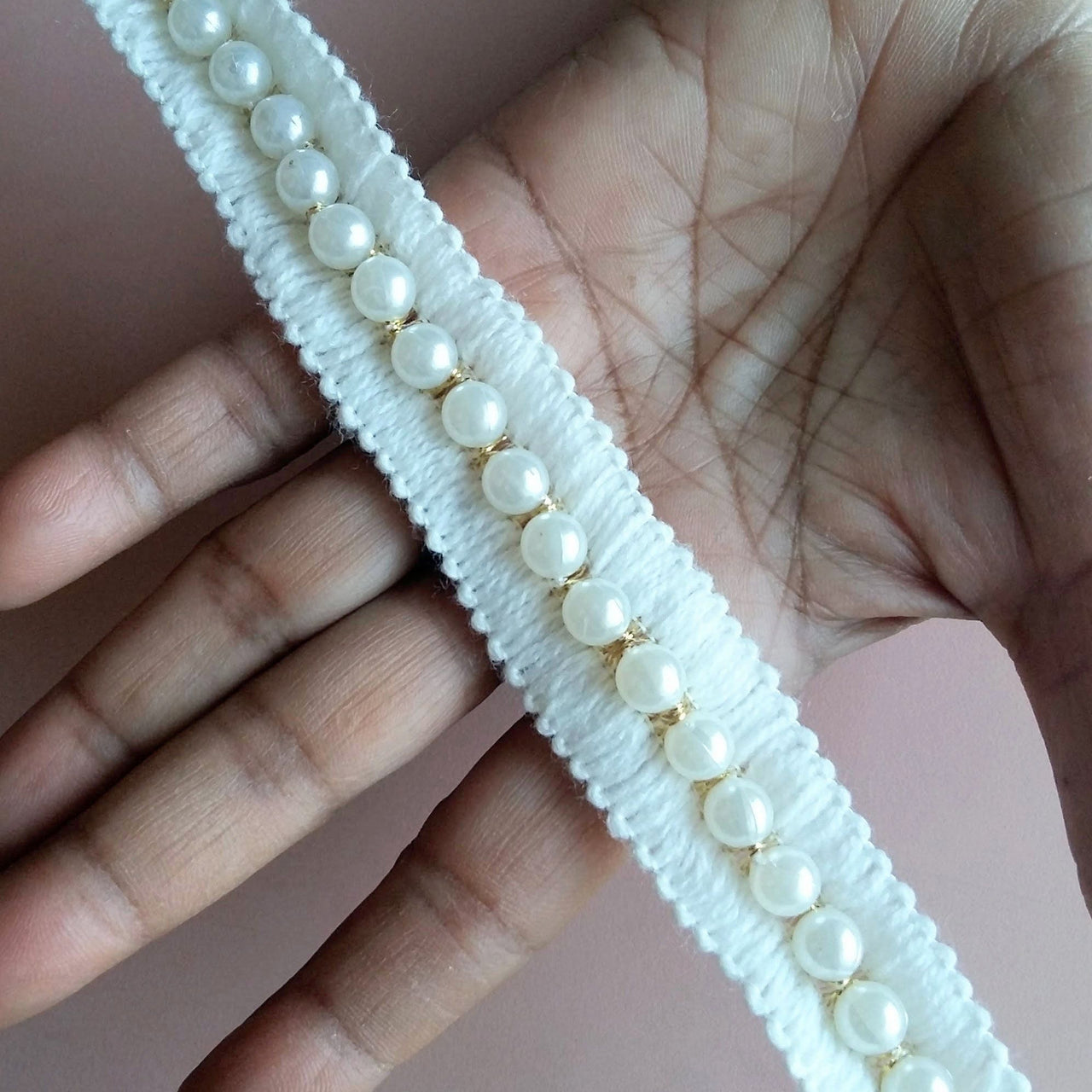 Off White Thread Trim With Pearl Embellishments, Dyeable Trim, Approx. 24mm Wide