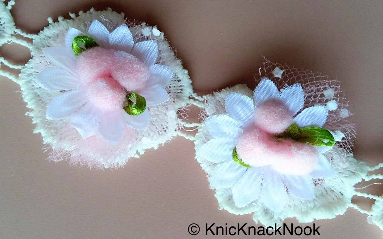 Off White Cotton Embroidery And Fabric Flower Trim