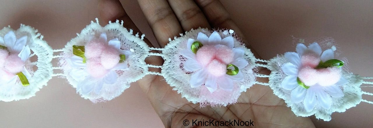 Off White Cotton Embroidery And Fabric Flower Trim