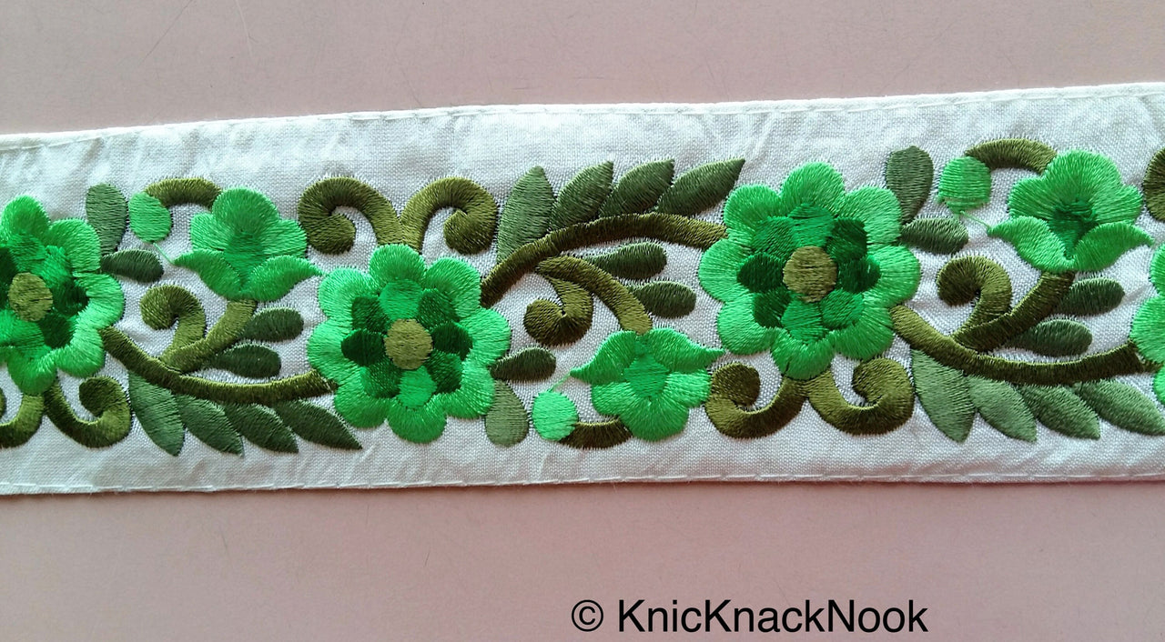 Beige Fabric Trim With Green Floral Embroidery, 56mm wide