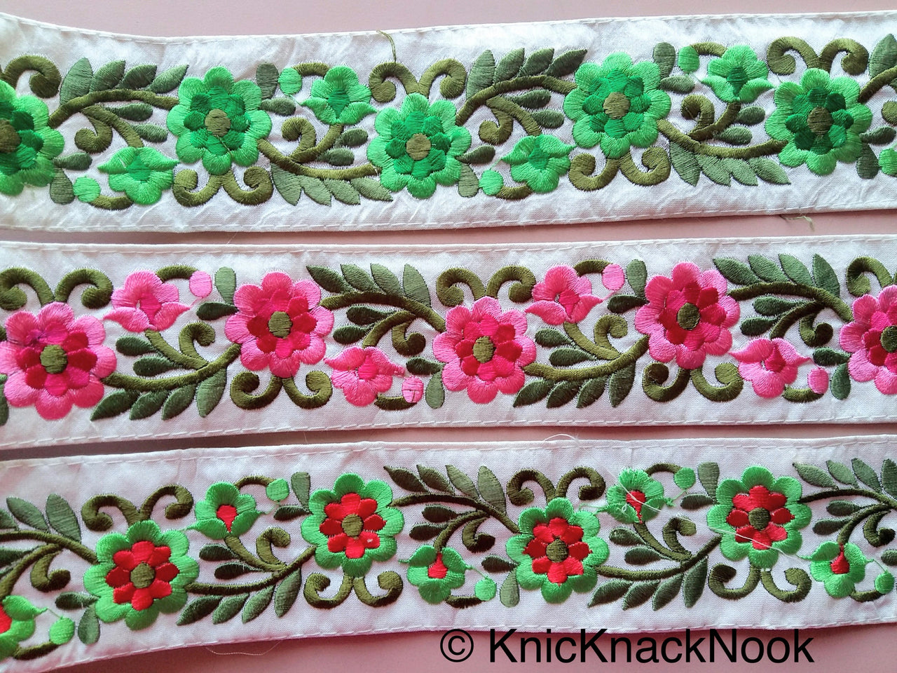 Beige Fabric Trim With Green And Red Floral Embroidery, 56mm wide