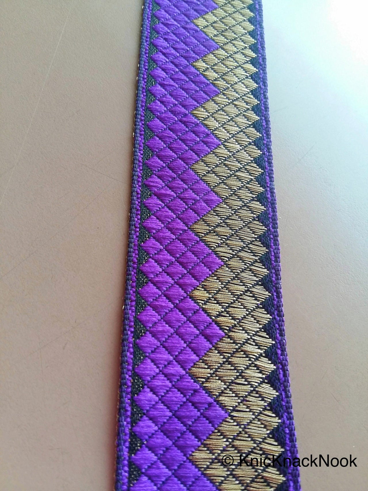 Purple And Gold Embroidered Thread Trim, Approx. 35mm wide