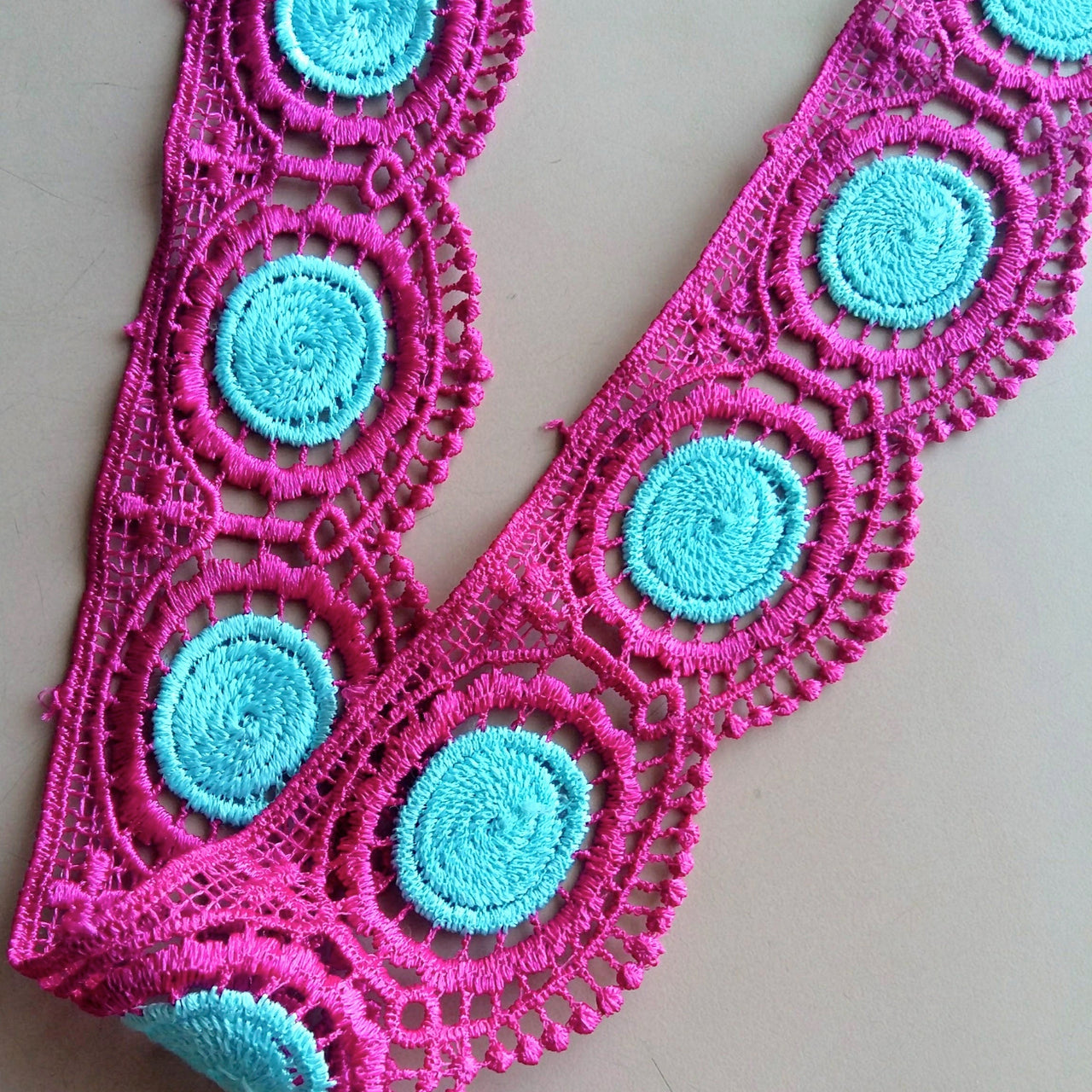 Fuchsia Pink And Blue Embroidery Crochet (Cotton) Lace Trim 55mm Wide